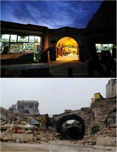 A combination picture shows the entrance to al-Zarab souk in the Old city of Aleppo, Syria November 24, 2008, (top) and after it was damaged, on December 13, 2016.