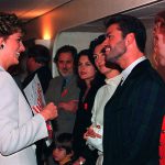 Britain’s Princess Diana, Patron of the National AIDS Trust chats with singer George Michael before the start of the Concert of Hope at Wembley Arena in London to mark World AIDS Day December 1, 1993. To the immediate left of George Michael is singer KD.Lang of Canada, and to the right Mick Hucknall of Simply Red.