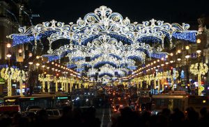 Cars queue in traffic under Christmas lights in Saint Petersburg on December 22, 2016.