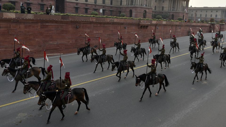 Mounted cavalry part of the President’s Bodyguard take part in the ceremony