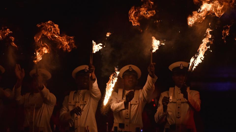 Navy band performance during Navy Day celebration at Gateway of India in Mumbai