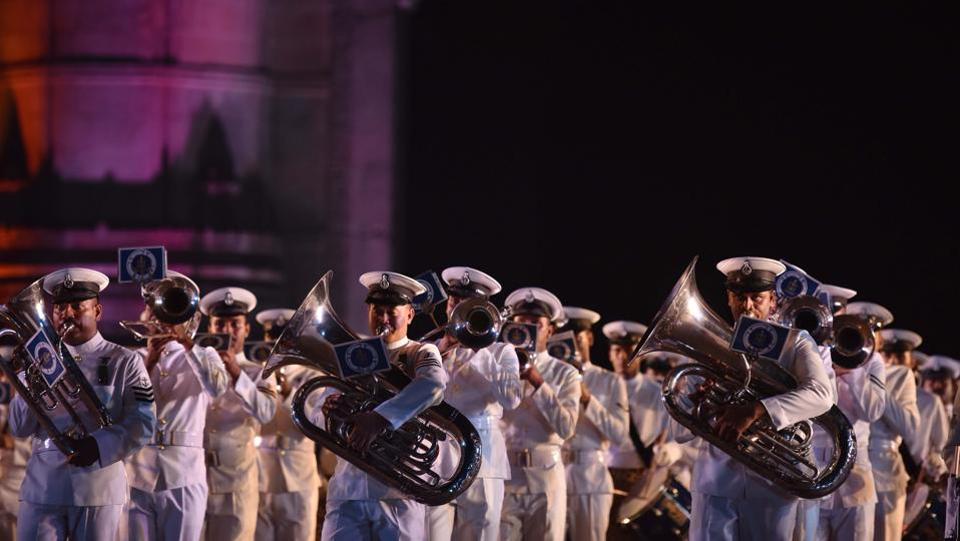 Navy band performance during Navy Day celebration at Gateway of India