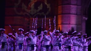 Navy personnel perform during Navy Day celebration at Gateway of India in Mumbai.