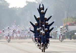 Army daredevils displaying their riding skills on motorcycles during the 69th Army Day parade in New Delhi