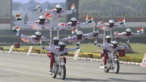 Army soldiers display their war skills at the Army Day parade at Delhi Cantt in New Delhi