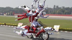 Army soldiers display their war skills at the Army Day parade at Delhi Cantt in New Delhi