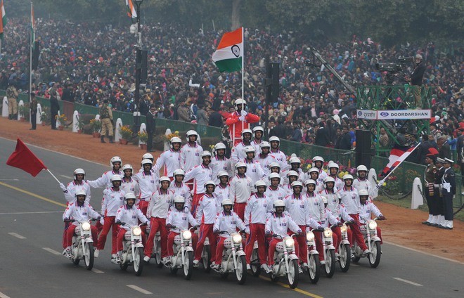 Border Security Force (BSF) 'Daredevils' motorcycle riders take part in the Republic Day parade in New Delhi, January 26