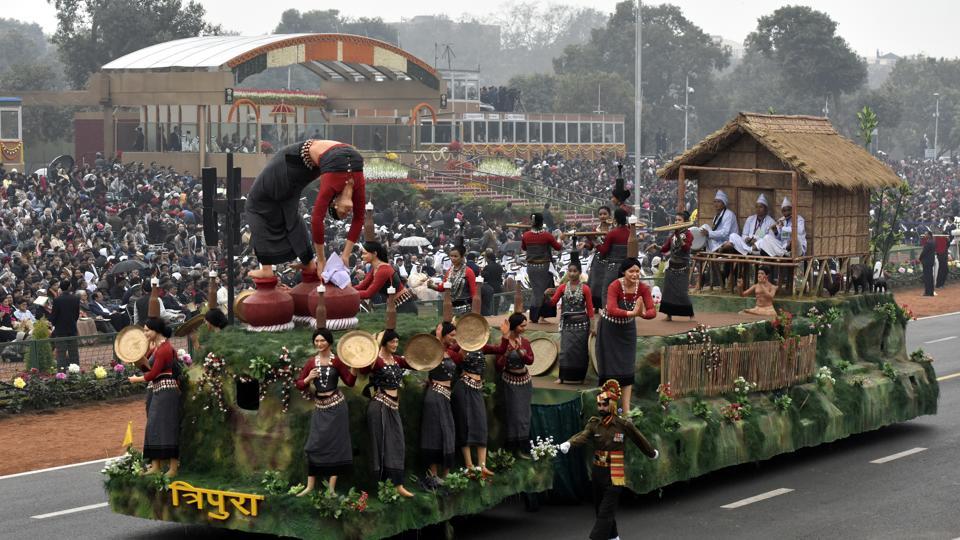 Celebrating culture: Tripura Tableaux passes the saluting base during Republic Day parade at Rajpath