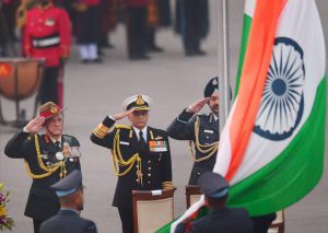 Chief of the Army Staff General Bipin Rawat, Navy Chief Admiral Sunil Lanba and Air Chief Marshal Birender Singh Dhanoa take salute to Tricolour after the Beating Retreat ceremony at Vijay Chowk in New Delhi on January 29