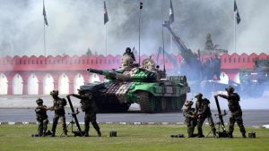 Exhibition of BLT T-72, T-90 tanks, Brahmos Missile, carrier Mortar Tracked Vehicle, 155 MM Soltum Gun, Advanced Light Helicopters of the Army Aviation Corps during the parade