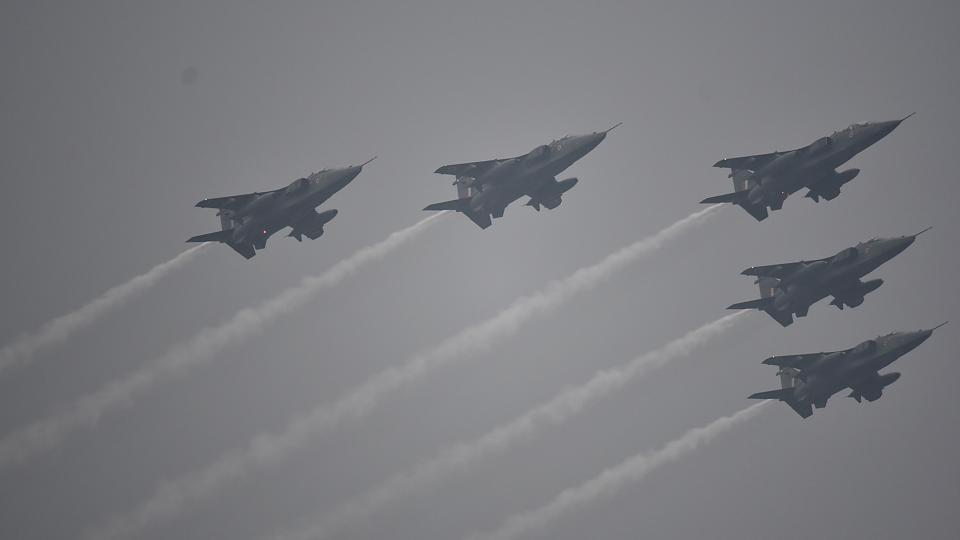 Fighter plane Jaguar fly during the celebrations to mark the 68th Republic Day in New Delhi