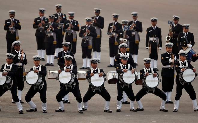 Members of the Indian military band take part in the Beating the Retreat ceremony in New Delhi on January 29, 2017