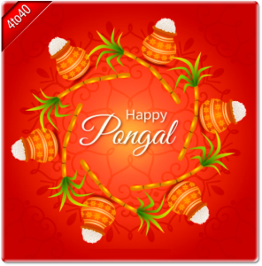 Pongal greeting with sugarcane and pots