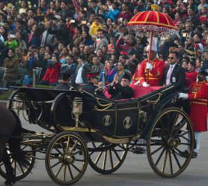 President Pranab Mukherjee arrives in a buggy to attend the Beating Retreat Ceremony at Vijay Chowk in New Delhi