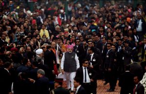 Prime Minister Narendra Modi walks after meeting ministers and officials during the 68th Republic Day celebrations in New Delhi