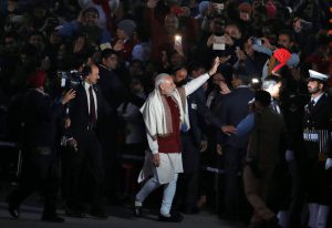 Prime Minister Narendra Modi waves as he leaves the Beating the Retreat ceremony in New Delhi on January 29, 2017