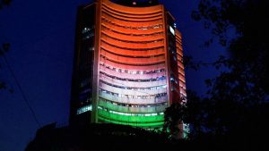 The Bombay Stock Exchange building lit up in tricolour on Republic Day eve in Mumbai