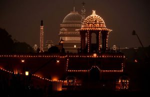 The Presidential Palace buildings are illuminated during the Beating Retreat ceremony at Vijay Chowk in New Delhi on January 29, 2017