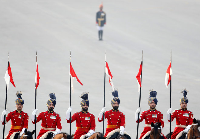The President’s bodyguards, mounted on their horses, take part in the Beating the Retreat ceremony in New Delhi, on January 29, 2017