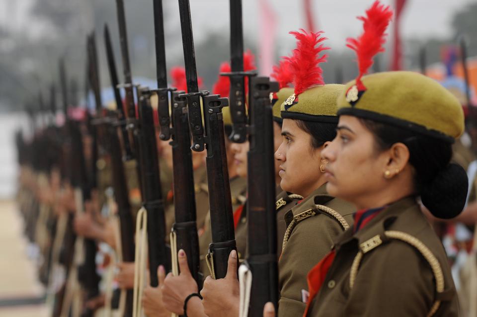 Uttar Pradesh Armed Police personnel take part in the parade