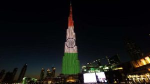 World’s tallest building Burj Khalifa lit up in tricolour to celebrate India’s 68th Republic Day, in Dubai