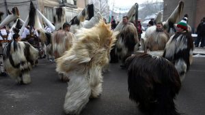 Dancers wearing costumes made of animal fur take part in the International Festival of Masquerade Games Surva in Pernik, Bulgaria