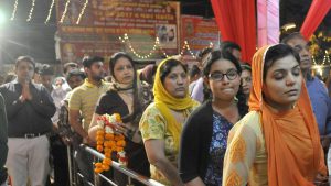 Devotees standing in a queue to offer prayers at Durga Mata temple near Jagraon bridge in Ludhiana