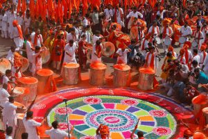 People play drums as they attend celebrations to mark the Gudi Padwa festival, the beginning of the New Year for Maharashtrians, in Mumbai on March 28, 2017