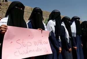 Women take part in a protest marking the International Women’s Day outside the United Nations offices in Sanaa, Yemen, on March 8, 2017