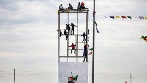 Young men climb on a during the celebrations. It was at the Diyarbakir Newroz celebrations in 2015 that the jailed leader of the outlawed Kurdistan Workers’ Party (PKK), Abdullah Ocalan, in a statement read by an MP, called for an end to its four-decade armed struggle against the Turkish state