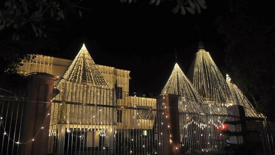 An illuminated temple on the occasion of Navratri festival at Sarabha Nagar in Ludhiana
