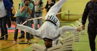 Most concrete blocks broken with the head