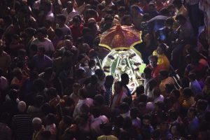 Devotees from the Thigala community performing rituals on the occasion of Karaga at Dharmaraya Swamy Temple in Bengaluru. The story of the 800 year old Karaga festival is also rooted in the Mahabharata with Draupadi being the community deity of the Vanihikula Kshatriyas. The Karaga is an annual celebration of her as the ideal woman and of woman-power (Mother Goddess).