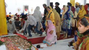 Devotees taking part in a special prayer session organised to celebrate the Baisakhi at TT Nagar Gurdwara in Bhopal