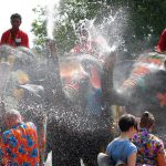Elephants spray tourists with water in celebration of the Songkran Water Festival in Ayutthaya province, north of Bangkok, Thailand, on April 11, 2017