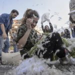 Many Romanians gathered in the centre of the capital city to take part in the pillow fight to mark International Pillow Fight Day