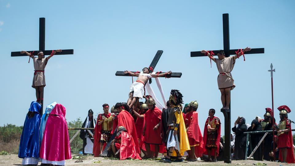 Philippine Christian devotees bring down Ruben Enaje (C) after he was nailed to a cross during a re-enactment of the Crucifixion of Christ. However, many believe it is an appropriate term since it denotes that Christ suffered and died for his people