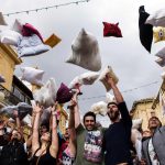 Pillow fight in Faneromeni Square in the old city of the capital Nicosia, on International Pillow Fight