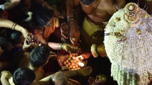 The Karaga is a pot on which a floral cone is taken in procession from the historic Dharmaraya Swamy Temple in the Thigalara-peytey area of the old City in Bangalore, through the night.