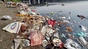 A man throws the puja offerings in Yamuna River at the end of Navratri festival in New Delhi. As the festival of Navratri ended, the rivers are once again in complete mess with several tonnes of flowers, polythene packets and other religious offerings floating on water