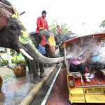 With assist from its mahouts, elephants blow water from its trunk to tourists on motor-tricycle or Tuk Tuk at Songkran or ancient Thai New Year celebration in Ayutthaya province, central Thailand, on April 11, 2017