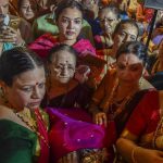 Women sing prayers for Lord Ram on the occasion of Ram Navami at Wadala in Mumbai, India, on Tuesday, April 4, 2017
