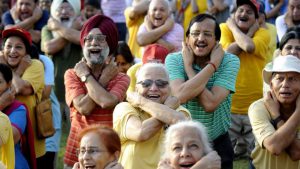 A group of retired army personnel take part in laughing yoga sessions at a park in Noida. The first Sunday of May marks the ‘World Laughter Day’ with yoga sessions being held worldwide. Laughter is medically known to improve our immunity towards diseases by triggering the release of a hormone called ‘endorphins’ which induces a natural feel-good feeling and reduces pain,stress, anxiety and improves mood.