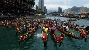 Dragon boats get together during as they take part in the annual Tuen Ng or Dragon Boat Festival at Hong Kong's Aberdeen . May 30th marks the fifth day of the fifth month of the traditional Chinese calendar — an annual celebration known as Duanwu in Mandarin, Tuen Ng in Cantonese and the Dragon Boat Festival in the West. It’s famous for the races held on that day in traditional paddled long boats, each ornamented with a dragon’s head at the prow.