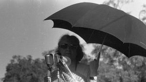 Indira Gandhi addresses a rally at her residence on June 24, 1975, a day before the declaration of what became a 21-month long state of internal emergency by President Fakhruddin Ali Ahmed on the Prime Minister’s advice. The Emergency gave Indira Gandhi extraordinary legislative powers with extensive crackdowns on political opposition during the period.