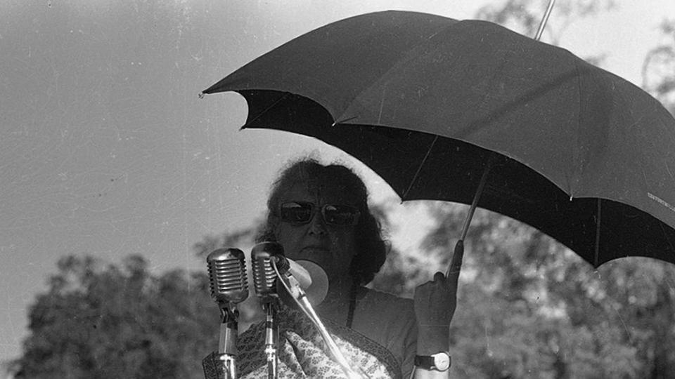 Indira Gandhi addresses a rally at her residence on June 24, 1975, a day before the declaration of what became a 21-month long state of internal emergency by President Fakhruddin Ali Ahmed on the Prime Minister’s advice. The Emergency gave Indira Gandhi extraordinary legislative powers with extensive crackdowns on political opposition during the period.