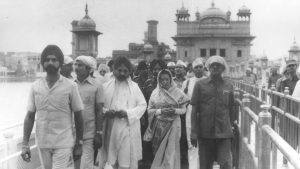 Indira Gandhi exits Shri Harminder Sahib, Amritsar after offering prayers on June 23, 1984. A military operation code-named Blue Star was launched by the Indira Gandhi government against the surging Khalistani movement on June 06,1984 with Indian armed forces taking control of the complex the following day. The move was viewed as a grave affront to the holiest shrine of the Sikh community.