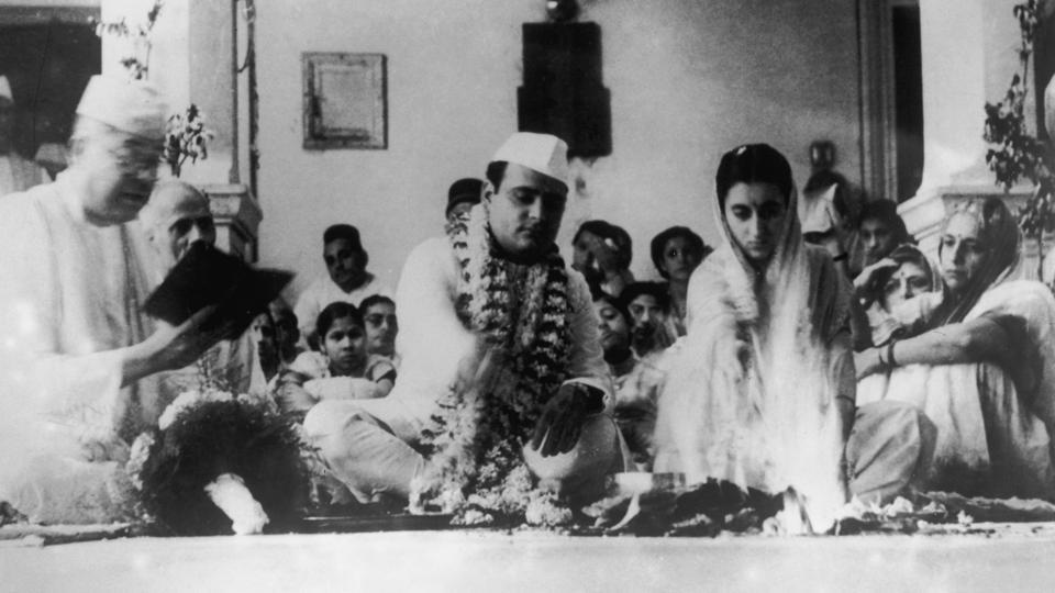 Indira Gandhi with politician and journalist Feroze Gandhi during their wedding in Allahabad on October 8, 1942. Feroze asserted his love to Indira in 1933 but his proposal was rejected by her mother. In subsequent years, Feroze came closer to the Nehru family while supporting Indira as her mother’s condition worsened. The couple married in the spring of 1942.