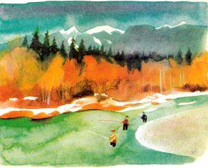 Fishermen angling in the sparkling mountain waters