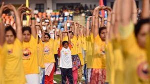 A collective Yoga session seen underway Kanteerava stadium on International Yoga Day in Bengaluru, Karnataka